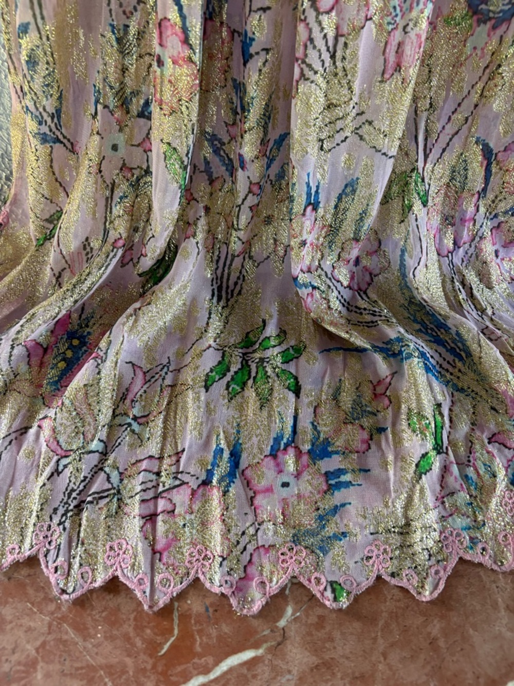 Hemant & Nandita Sheer Pink Floral Maxi Dress with Gold Accents - Picture 6 of 9